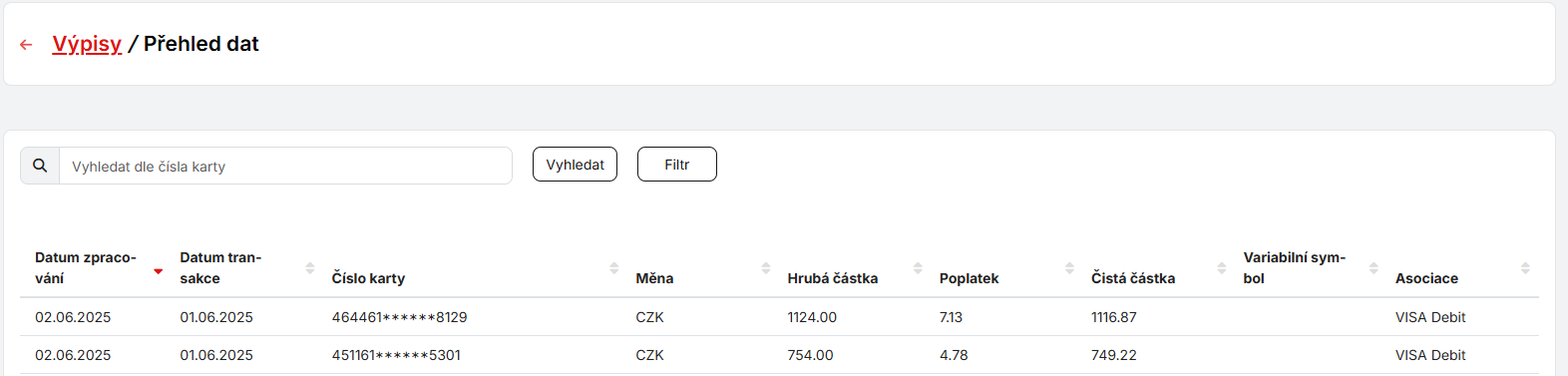 vyhledání transakce