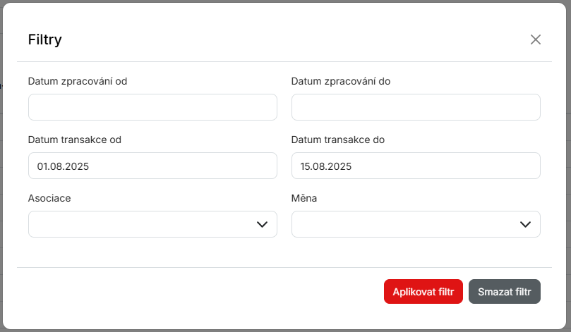 filtr transakcí