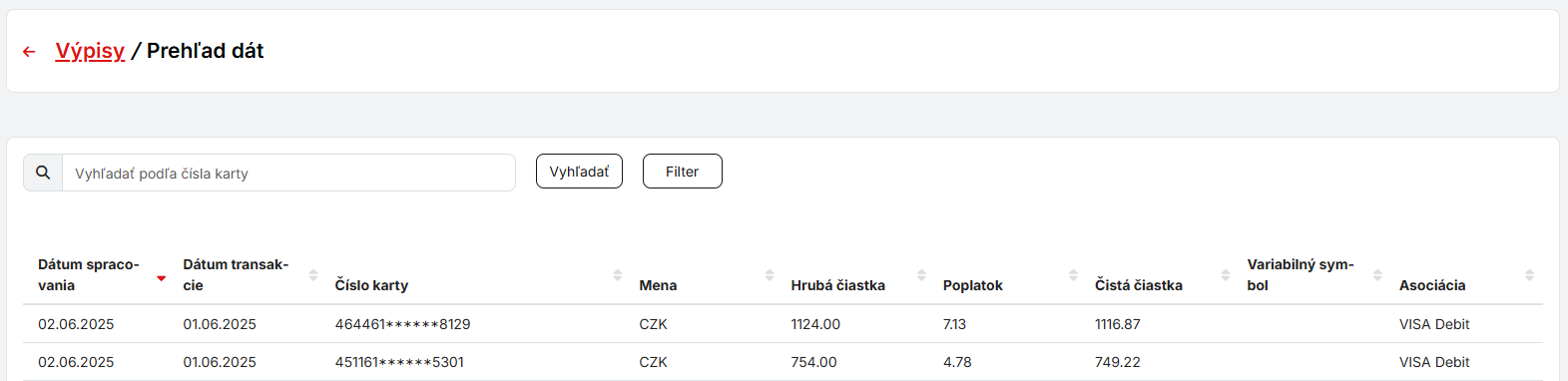 vyhľadanie transakcie