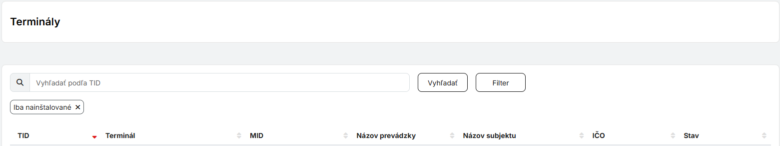 nainštalované terminály