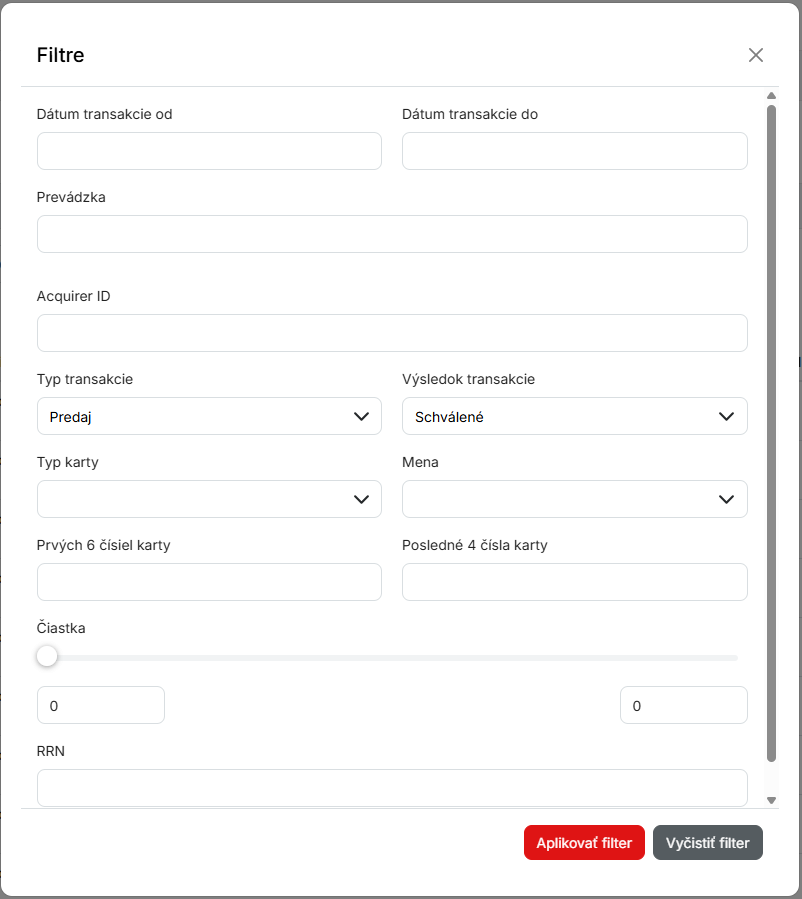 filter transakcií