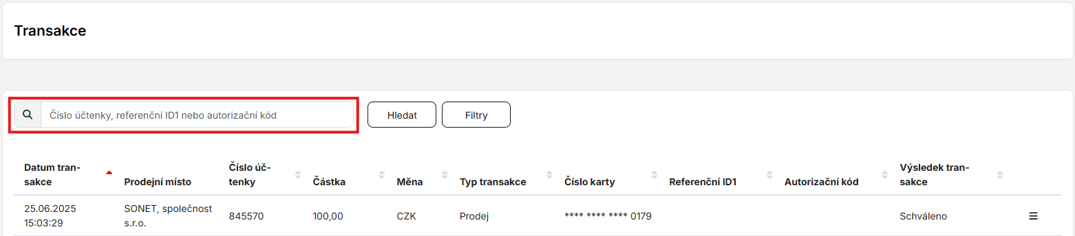vyhledání transakce
