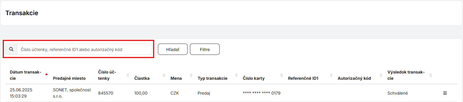 vyhľadanie transakcie